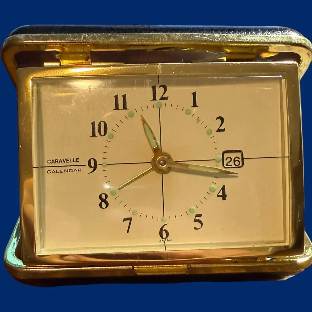 Caravelle Folding Travel Alarm Clock Calendar Mechanical Wind-Up Japan